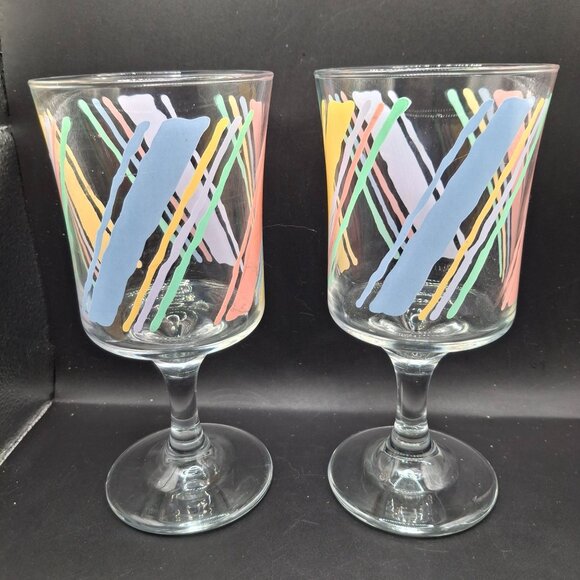 Vintage Hand-Painted Fiesta Pastel Striped Stemmed Footed Wine Glasses Set of 2 - Picture 4 of 6